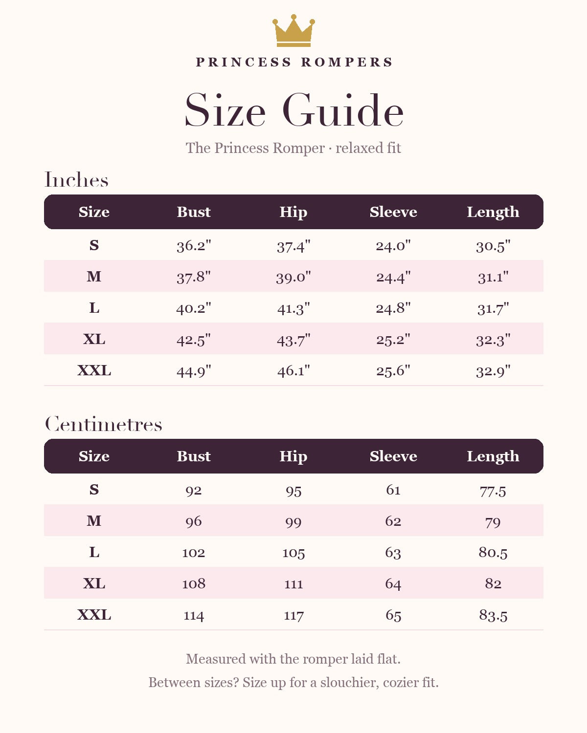 Princess Rompers size guide: adult and kids sizes
